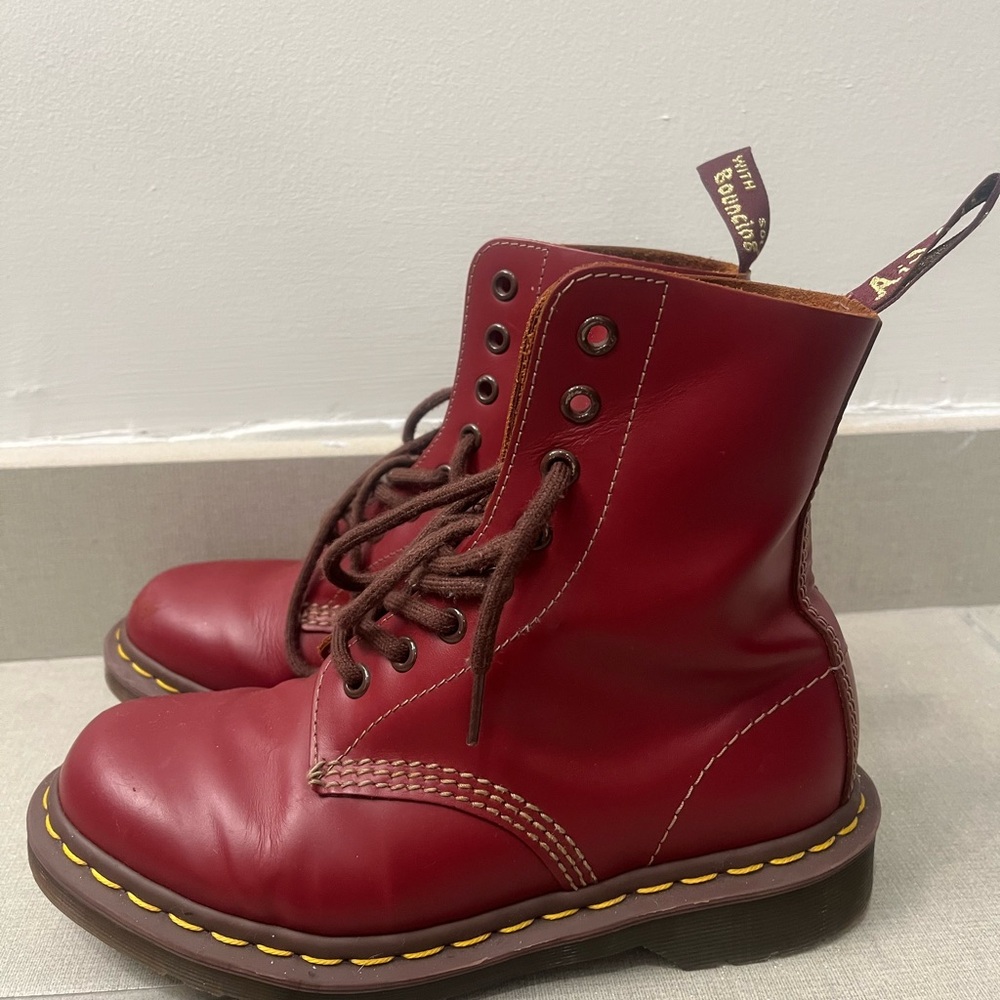 Doc Martens Air Wait Red Leather Boots with Yellow Stitching
